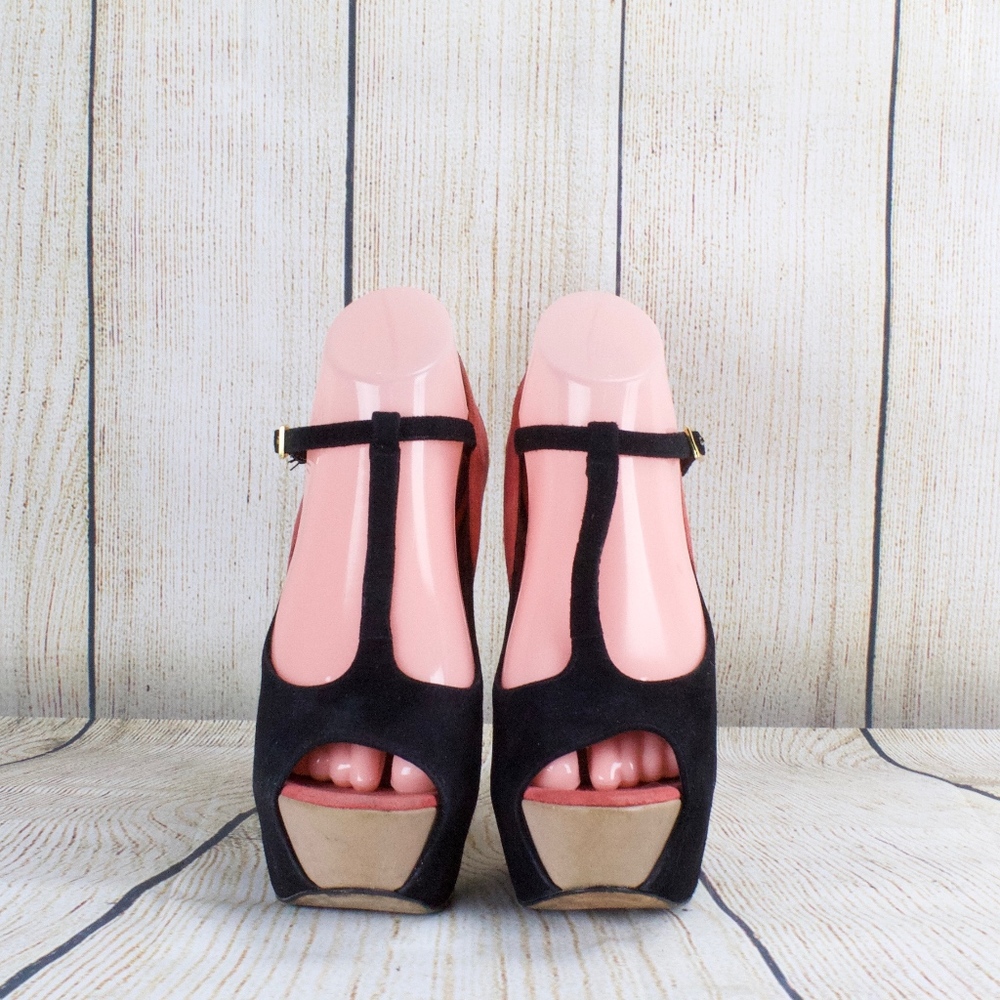 Buffalo London Platform Heels Pink Black Suede 9 - Picture 2 of 8